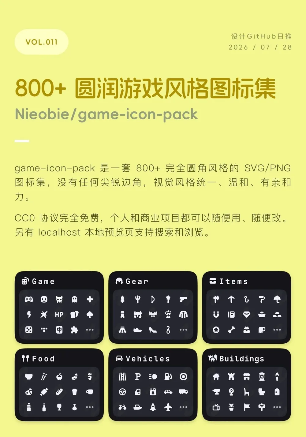 game-icon-pack 分类图标预览：Game / Gear / Items / Food / Vehicles / Buildings